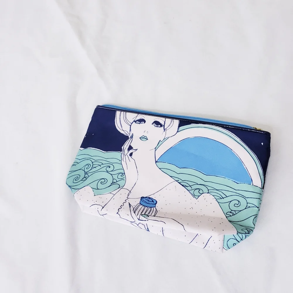 Estee Lauder Cosmetic Bag Elegant Lady Holding Perfume Blue Turquoise